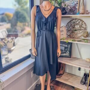 French Connection, Black Maude Drape Ruffle Dress w/ Wrap Front, Women's US 4